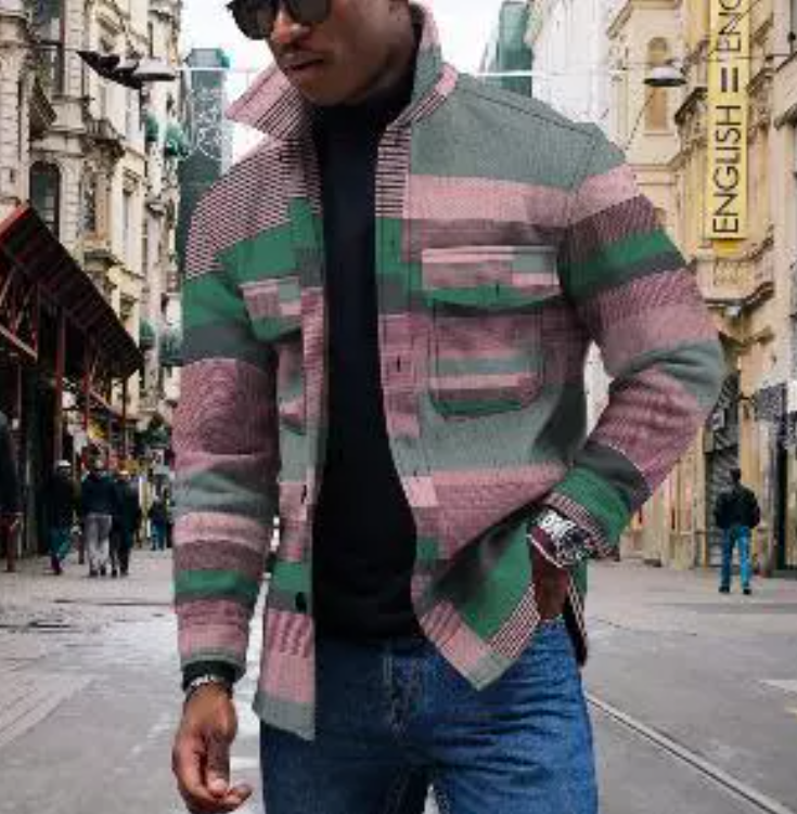 Men's Jackets Shirts Coat Patchwork Flap Pocket Button Up Thick Warm Jacket Standard-fit Plaid Checkered Fashion Cotton Casual Shirt