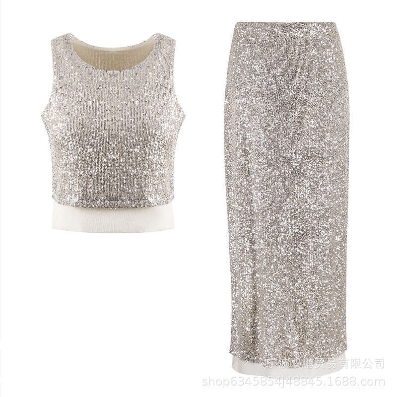Vest + Sequin Long Elegant Sexy Versatile Set For Women Party Dress B5