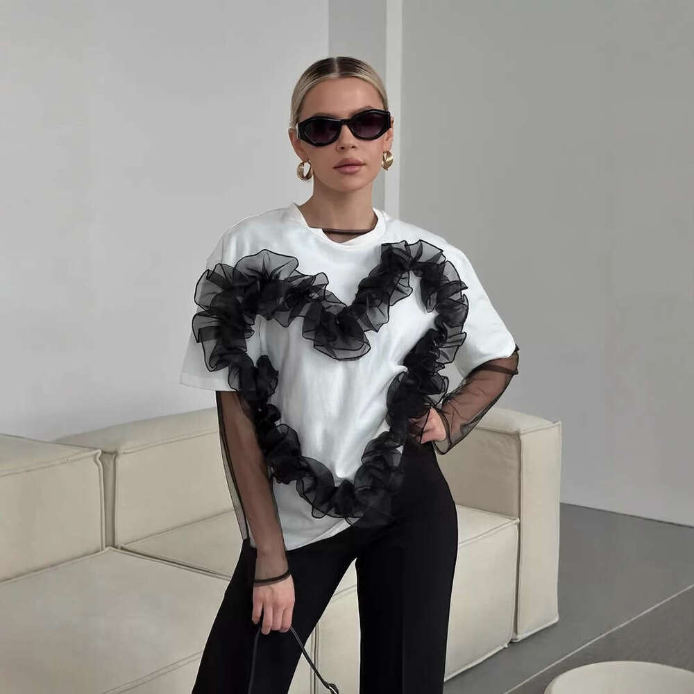 Heart-Shaped Organza Ruched Patchwork T-Shirt For Women Fashionable Ins Style Round Neck Loose Cotton Top B5