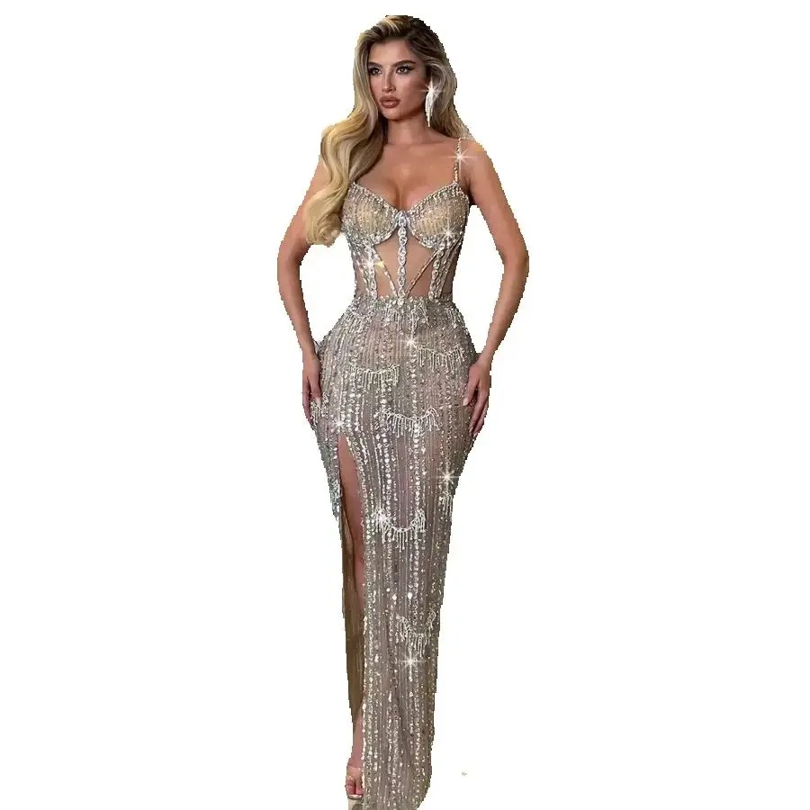 Exquisite Rhinestones Mermaid Evening Gown Elegant Crystal Spaghetti Straps Prom Dress Side Split Party Gown Customized