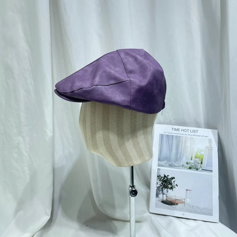 Japanese Retro PU Leather Literary Forward Hats for Men and Women Autumn Outing Casual Versatile Niche Purple Berets Cap 250712