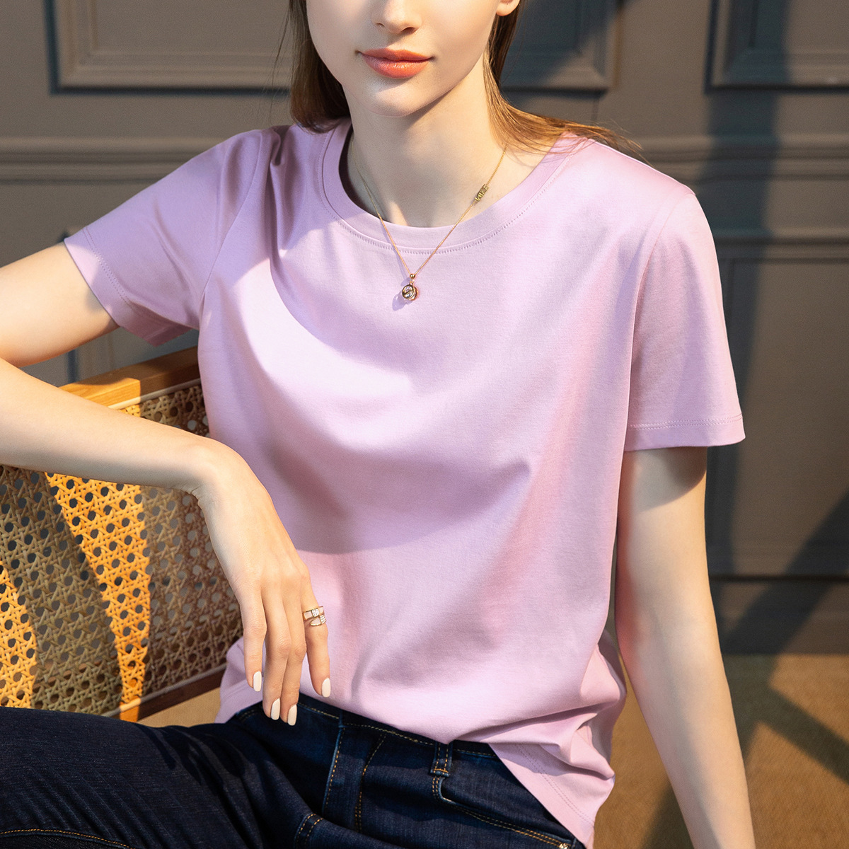 High-Count Mercerized Modal Short Sleeve White Summer Women's Loose Round Neck Cotton T-Shirt