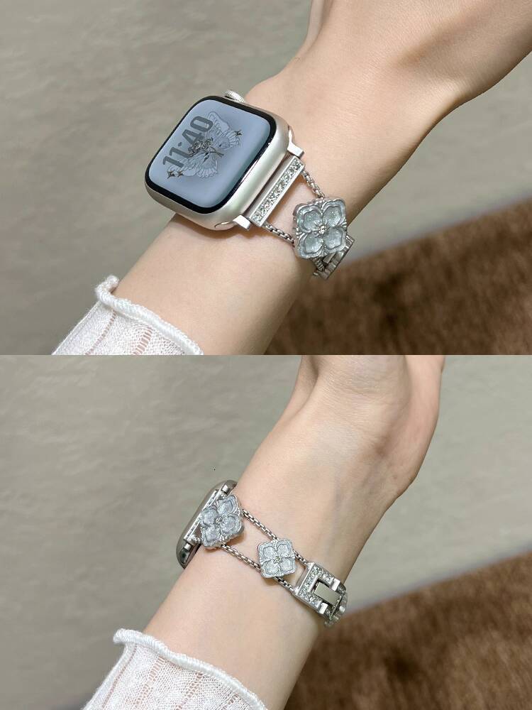 Xuanbei Creative Epoxy Clover Chain Strap for S10, Summer High-end Diamond-studded Apple Watch Series 9 Metal Bracelet, iWatch 8/7 Chanel Style Bracel - view 6