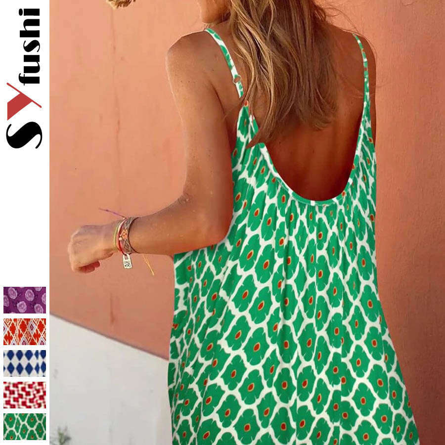 Summer New Bohemian Vacation Style Ruffled Edge Girl Print Strap V-Neck Loose Long Dress B5