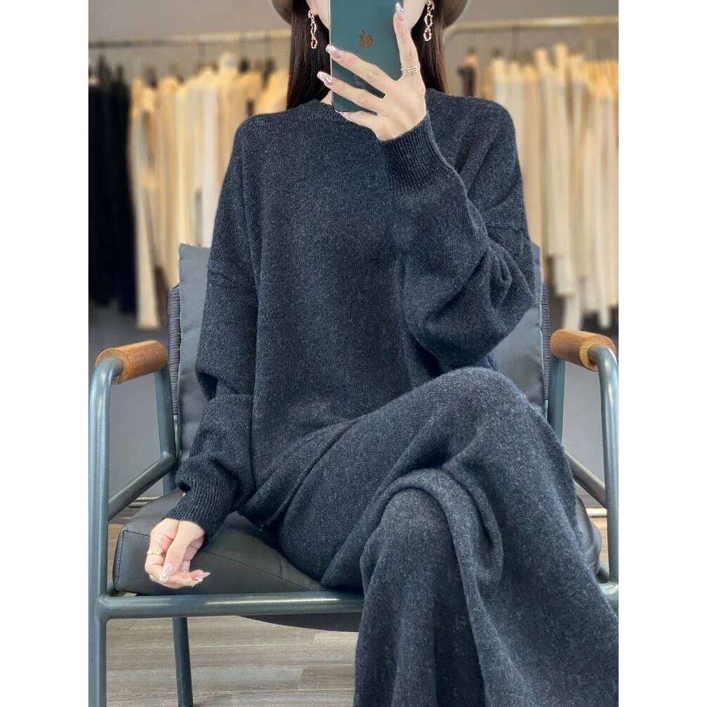 Women's Loose Suit Spring Fall Winter 100% Merino Wool O-Neck Pullover Sweater High Waist Straight Pants Knitting Two Piece Set MDNG