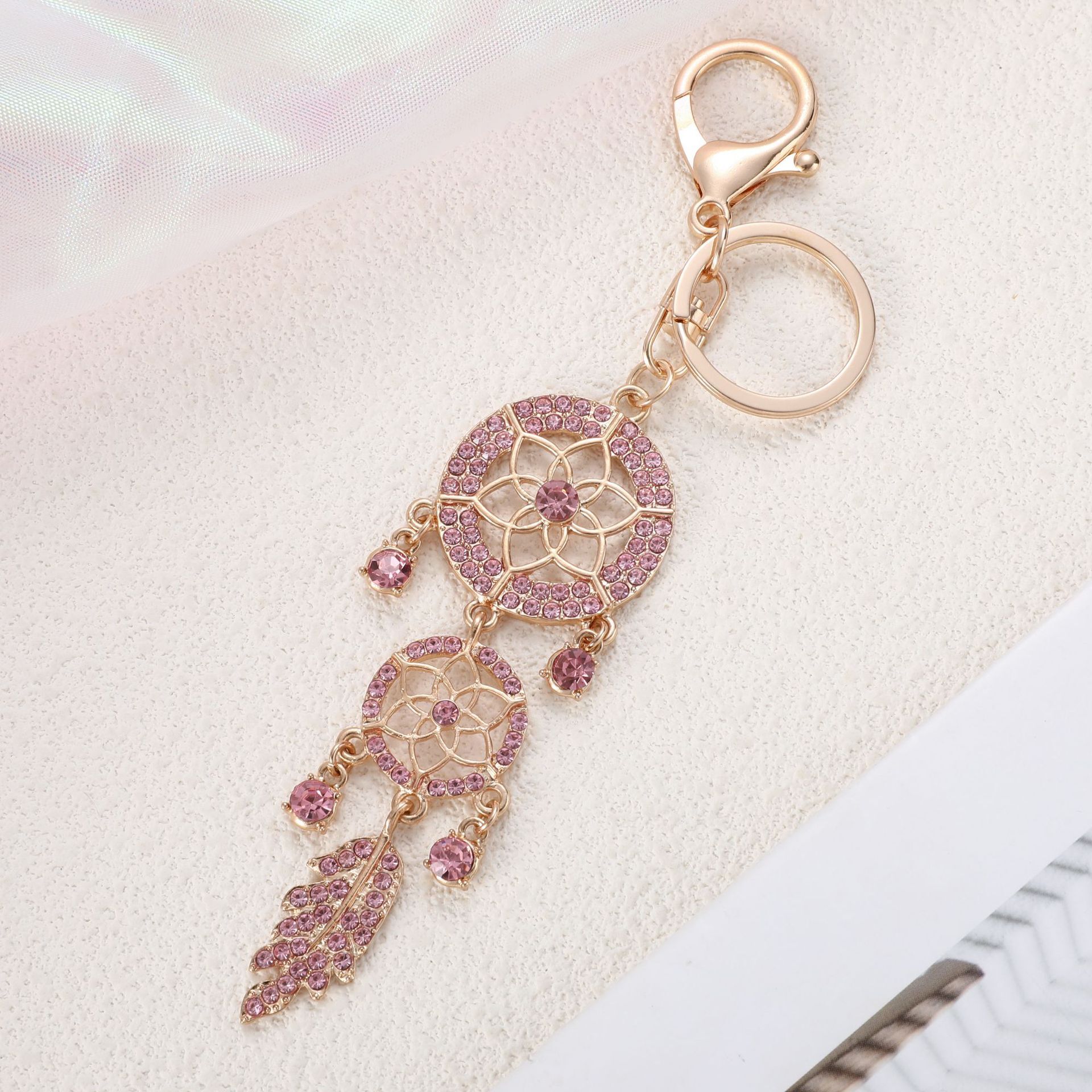 Diamond-inlaid Hollow Feather Bag Charms Creative Metal Keychain Hanging Decoration Women's Bag Accessories