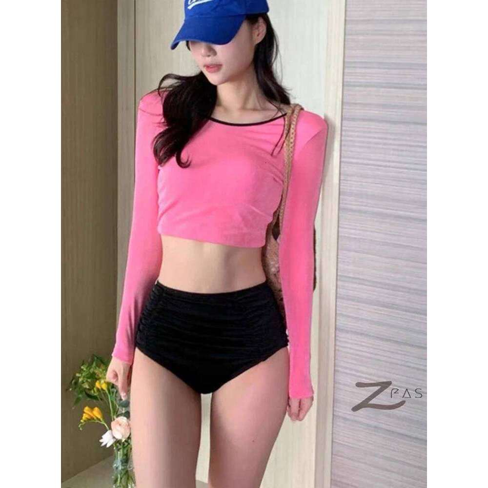 OIINAA Contrast Color Women O-Neck Long Sleeve Bikini Set Pleated High Waisted Split Swimsuit Summer 2025 New Swimwear