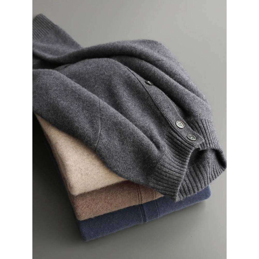 High Quality Men 100% Sweater Autumn Winter Thick Buttons Cardigan Mock-Neck Smart Casual Coat Warm Cashmere Knitwear