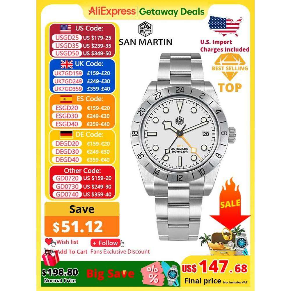 San Martin New 39mm NH34 BB GMT Automatic Mechanical Sport Watch Sapphire Luminous Waterproof 100m for Men Relogio SN0054 free shipping