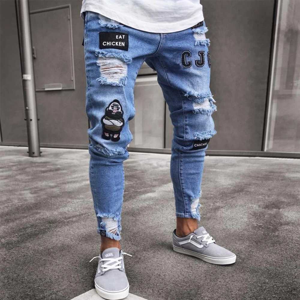 White Embroidery Skinny Ripped Jeans Men Cotton Stretchy Hole Slim Fit Hip Hop Denim Pants Casual Jeans for Men Jogging Trousers X250718
