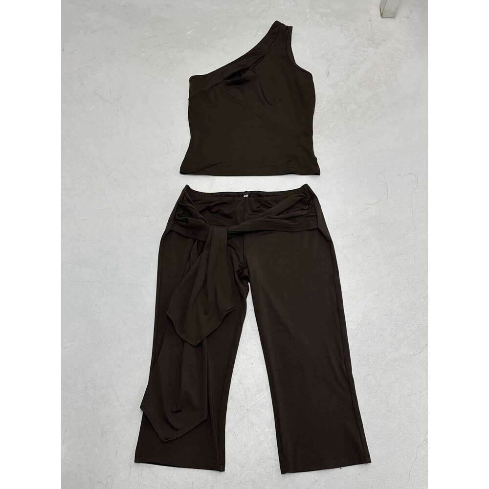Fashionable Casual Shoulder Mid-Pants Sleeveless Asymmetrical Neck Top Tie-Up Breeches Two-Piece Set B5 g5