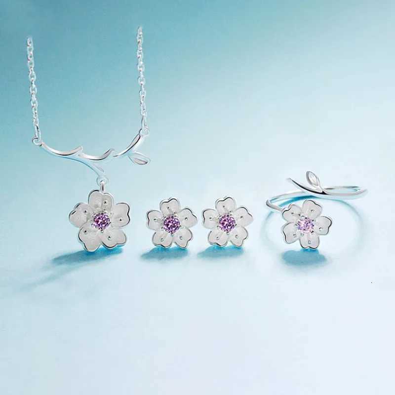 925 Sterling Silver Jewelry Sets Romantic Rose Flower Necklace+Earrings+Ring+Bracelet For Women X250718