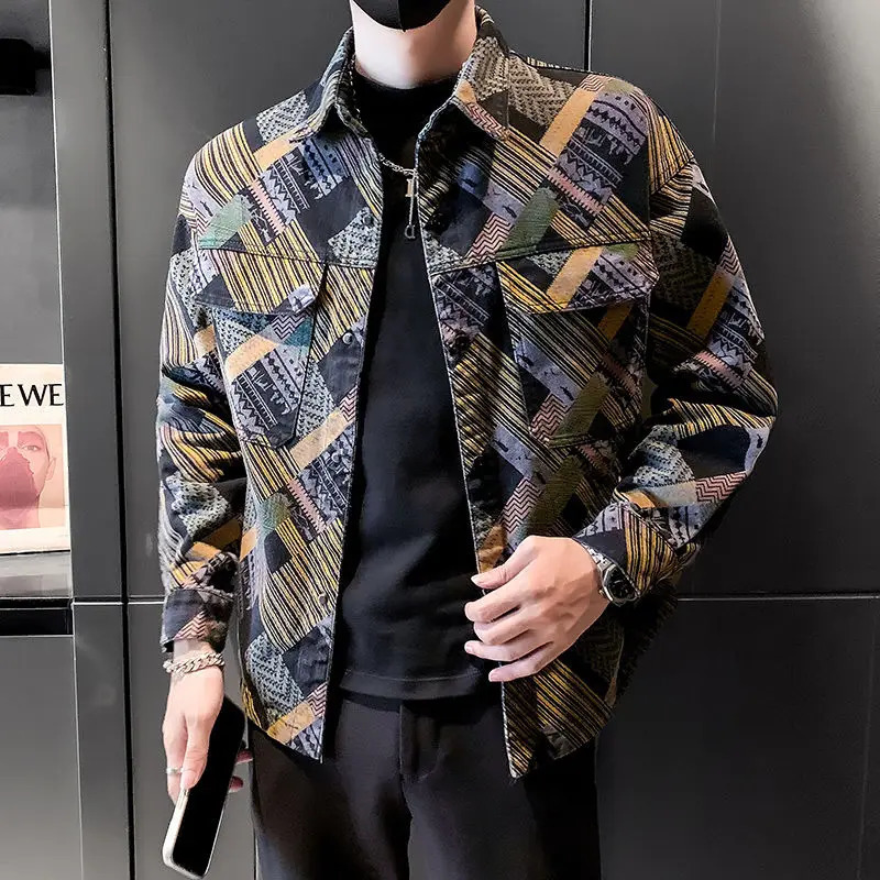 Fashion Lapel Pockets Color Printed Geometric Coats Mens Clothing Autumn Winter Loose Punk Denim Tops Casual Jackets 250717