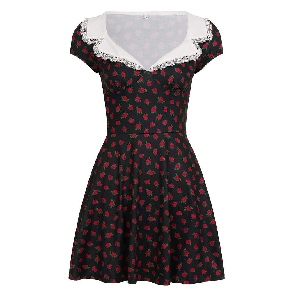 V-Neck Sleeve With Rose Floral Print, Sweet And Spicy Style, Waist-Cinching A-Line Short Dress B5