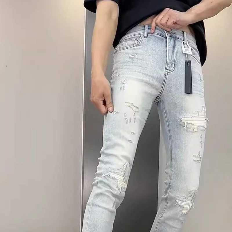 2025 Spring New Ripped Hole Denim Mens Pants Washing Light Blue Hip Hop Slim Fit Mens Trousers High Street Blue Beggar Jeans X250718