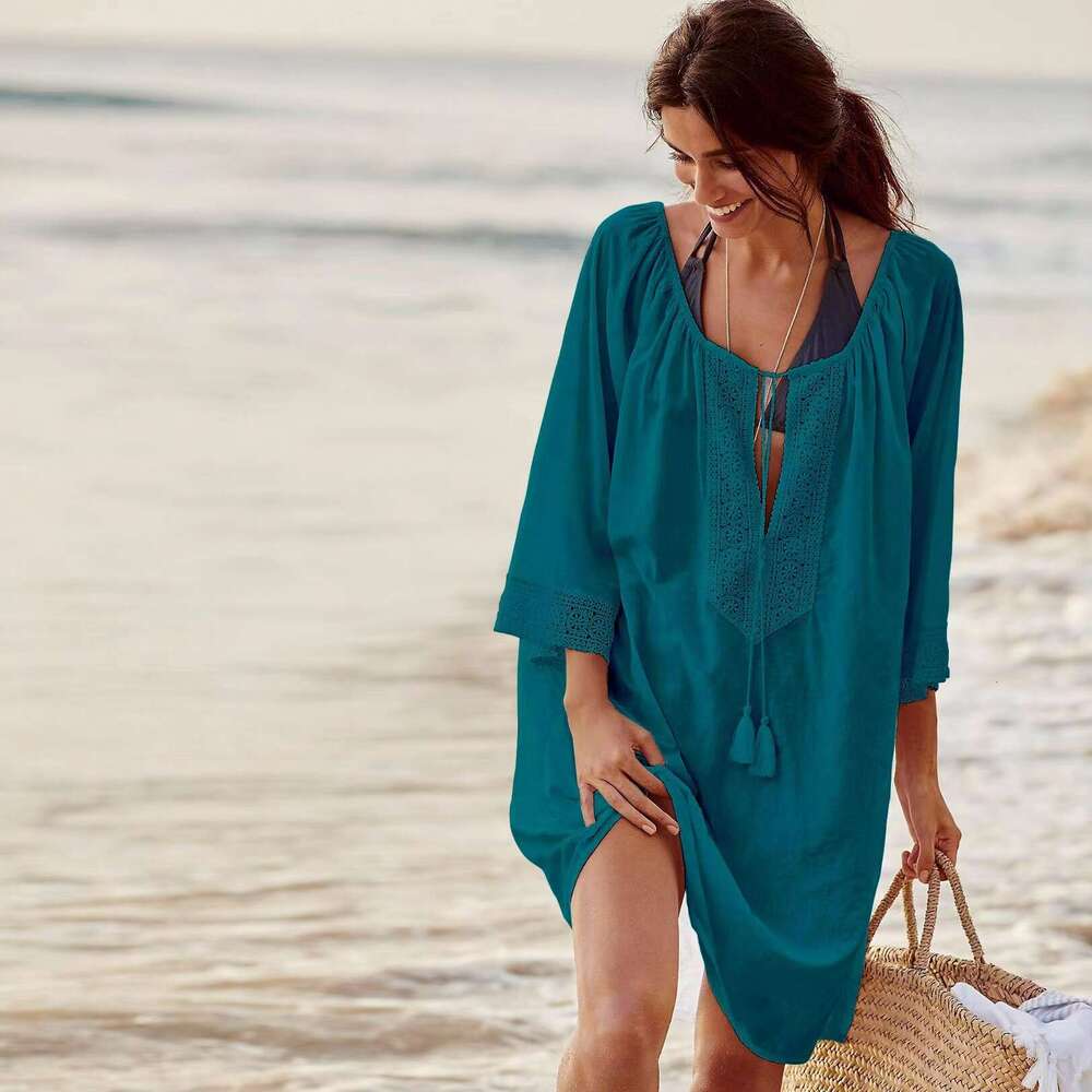 New Summer Fashion Plus Size Women's Sun Protection V-Neck Loose Beach Cover-Up Dress B5