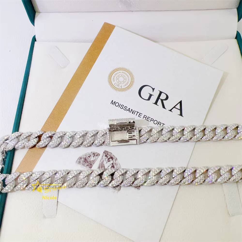 Fine Jewelry Hip Hop Necklace S925 Sterling Silver Gold Plated 12mm 2 Row D Color Vvs1 Moissanite Diamond Cuban Link Chain