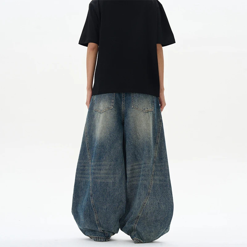 2025 Spring Mens Jeans Oversized Wide Leg Pants Loose Vintage Patchwork Lightning Cracked Denim Trousers Streetwear Male 250716