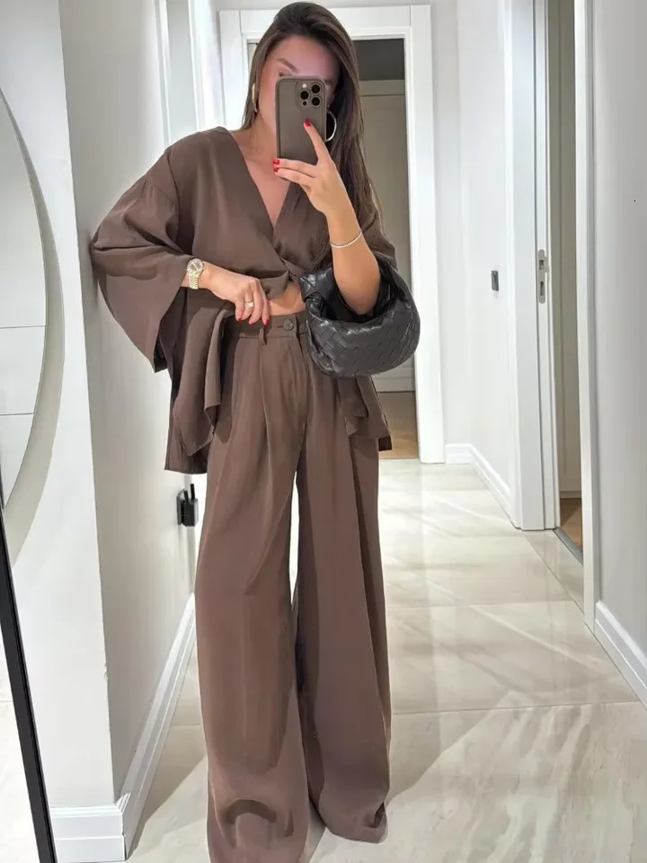 2025 Summer Casual Solid Straight Pants Set Women Chic V Neck High Waist Long Sleeve Flare Top Suits Summer Daily Street Outfits 250715