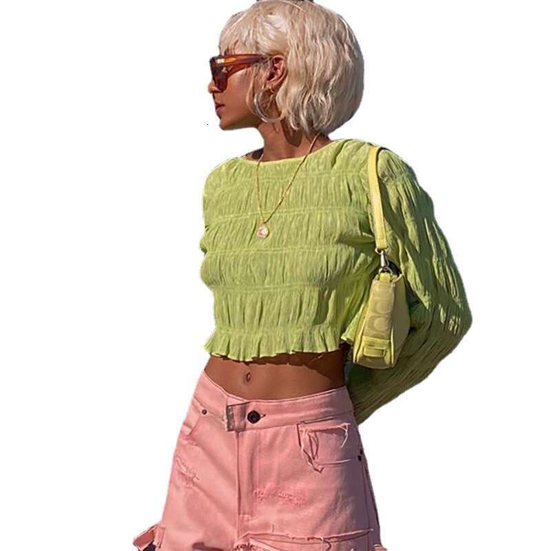 Amazon Autumn New Pleated Round Neck Long Sleeve Versatile Women's Top B5