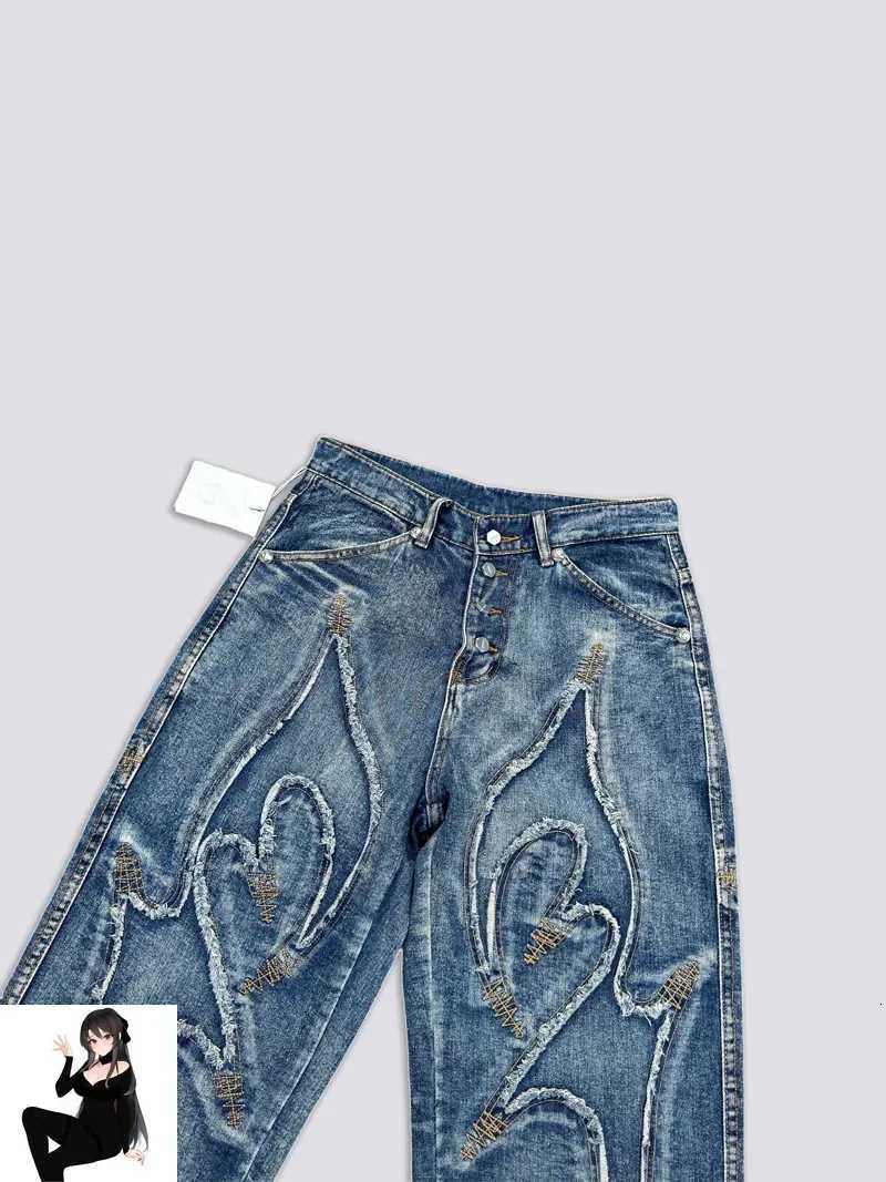 THUG CLUB Embroidery Flame Tassel Jeans Men Women High Quality Splice Moon Star Metal Leather Label Loose Straight Cowboy Pants X250718