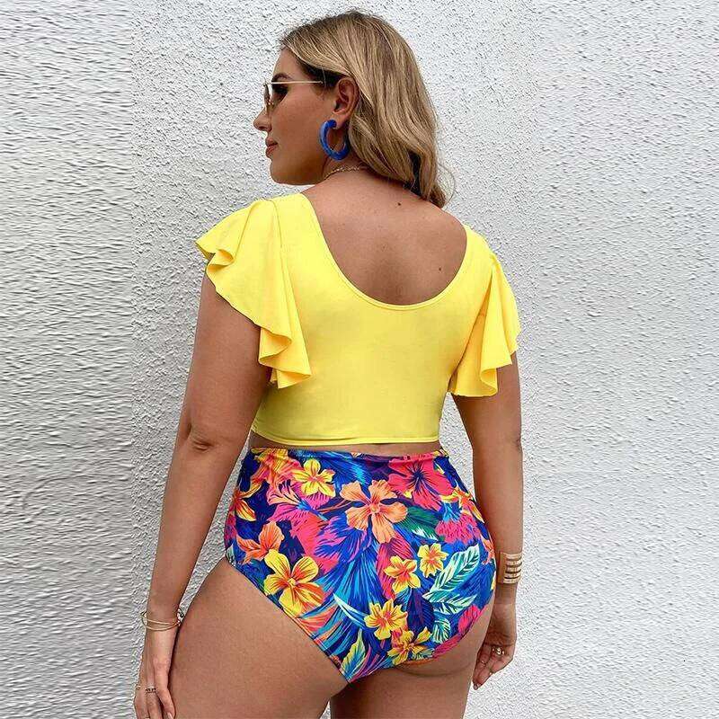 Plus Ruffle Sleeves High Waist Bikini Women's V Neck Push Up Large Swimsuit 2025 Mujer Big Size Tummy Control Swimwear