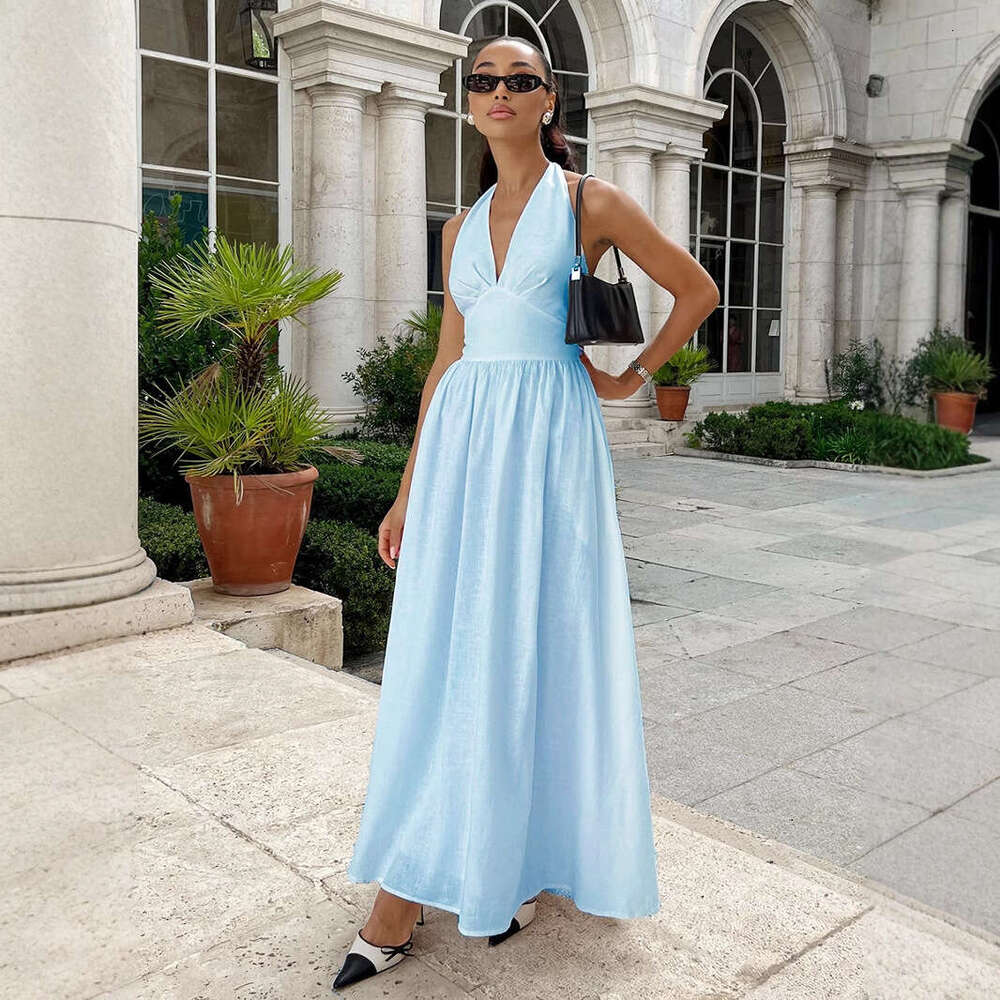 Pure Cotton Spring Summer Waist-Cinching V-Neck Tie Long Flared Dress For Women B5