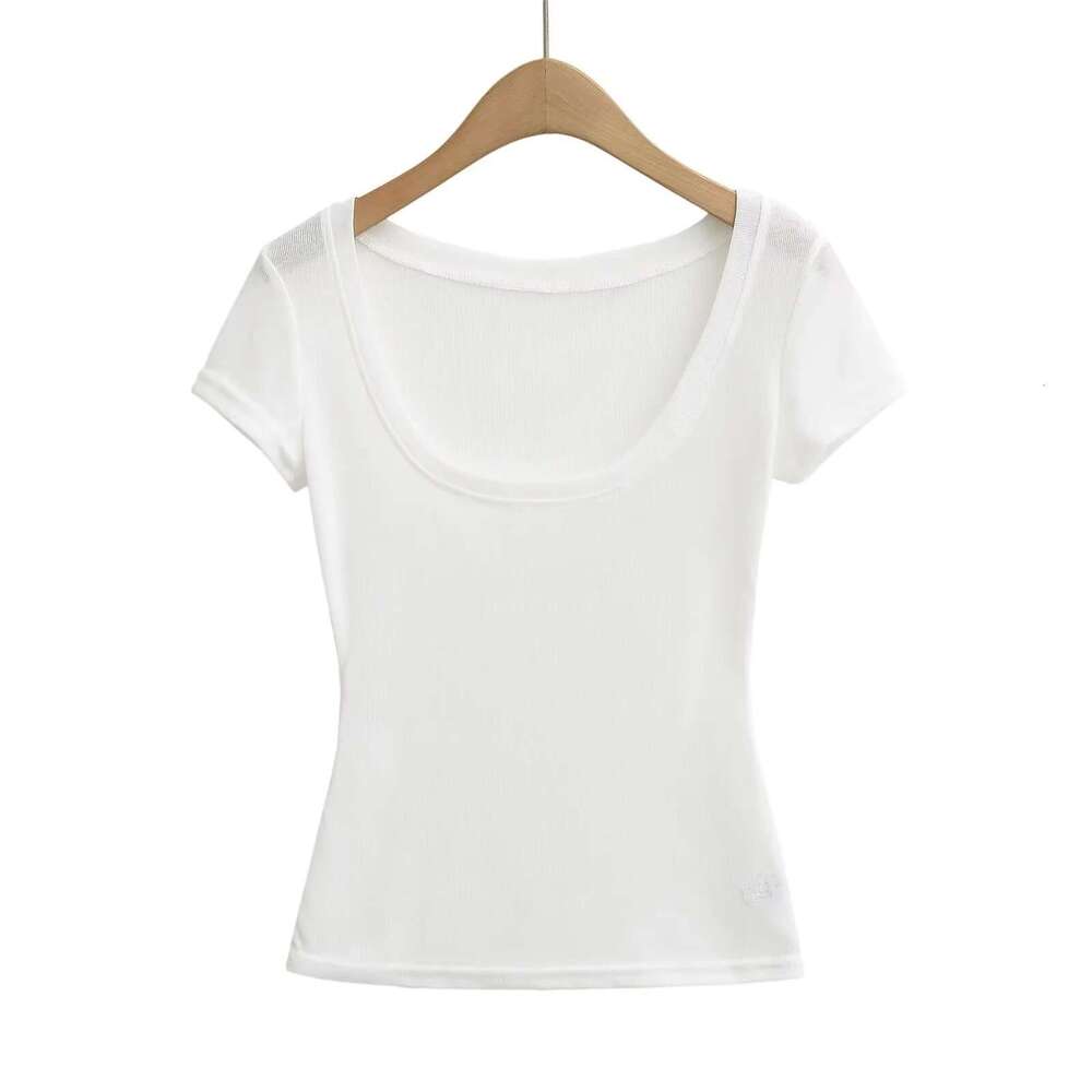 Slightly Transparent Thin U-Neck Short Sleeve T-Shirt For Women Summer Slim Fit Inner Layer Base Shirt Hot Girl White Slimming Regular Shoulder Top B5