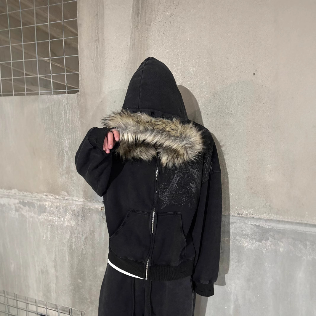 2025 Street fashion Winter personality print zipper hoodie for men Y2k Harajuku vintage fur collar warm loose jacket 250102 3b