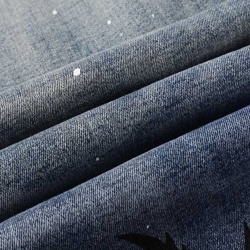 Men Coconut Palm Print Denim Jeans Streetwear Painted Skinny Tapered Stretch Pants with Holes Ripped Distressed Trousers X250718