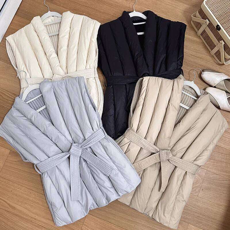 Schinteon Women 90% White Duck Down Knitting Wool Vest Autumn Winter Warm Sleeveless Jacket Korean Style Luxurious Top 2024 New MDNG