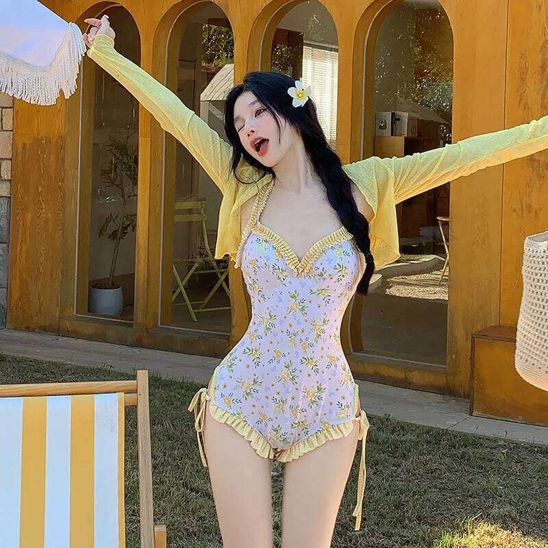 Korean Floral One Piece Soft Cup Cover Up Long Sleeve Hot Spring Spa Bikini Style Swimsuit for Women Slim Swimsuit