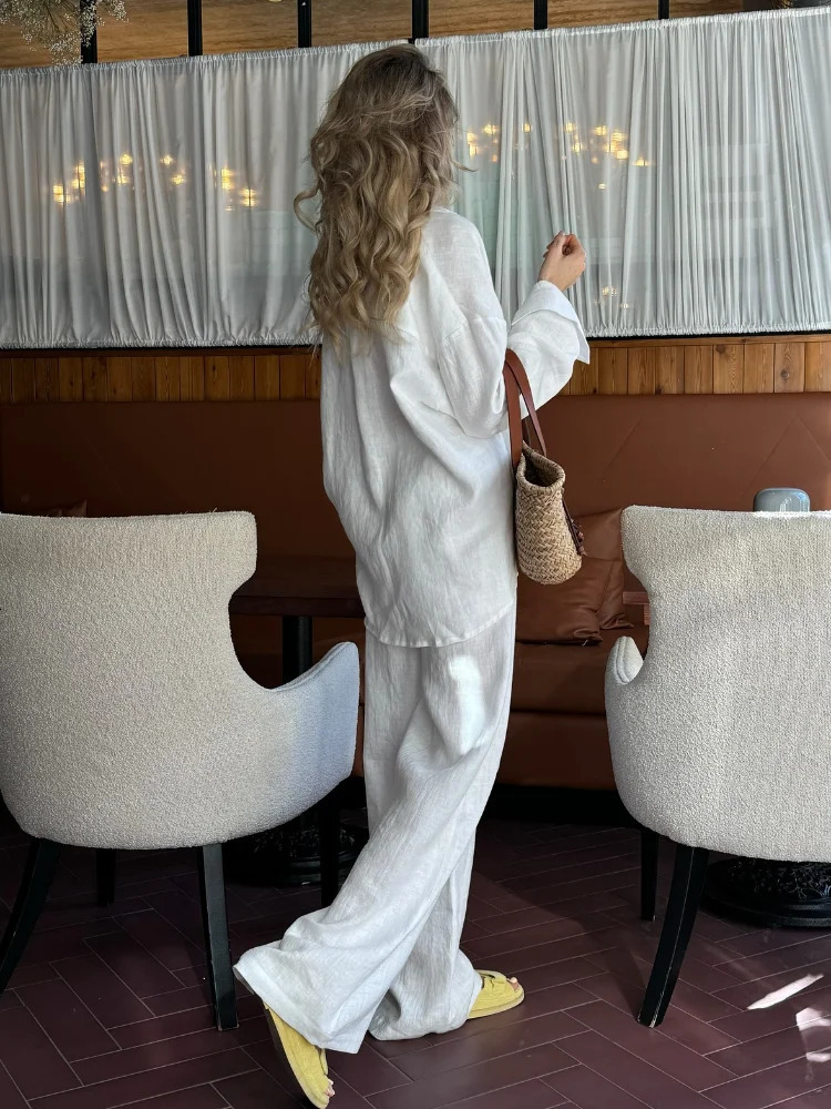 Solid Cotton Linen Drawstring Waist Pants Set Women Fashion Casual Single Breasted Lapel Loose Shirts Suit Female Holiday Outfit 250715