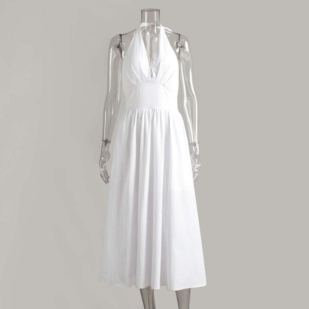 Pure Cotton Spring Summer Waist-Cinching V-Neck Tie Long Flared Dress For Women B5