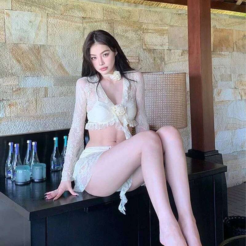 Pure Temptation Lace 4pcs Push Set Slimming Bikini Thermal Spa Resort Sexy Dress Cover Up Swimsuit for Vacation