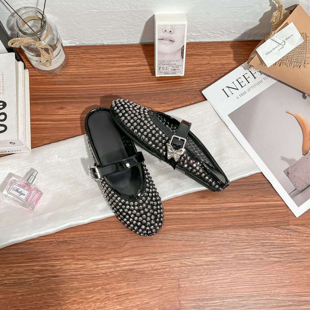Su Yinyin 2025 New Flowing ~ Rhinestone Mesh Breathable Buckle Strap Closed-Toe Vacation for Women Half Slippers Summer