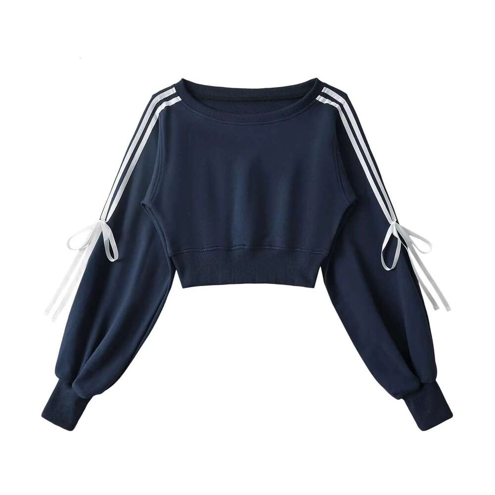 American Style Patchwork Pullover Sweatshirt For Women, Short New Autumn Hot Girl Lace-Up Loose Slimming Off-Shoulder Top B5