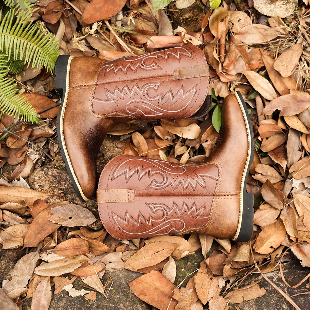 Mens creative pattern embroidered retro rope boots wide-toed mens cowboy boots high-top riding 250715