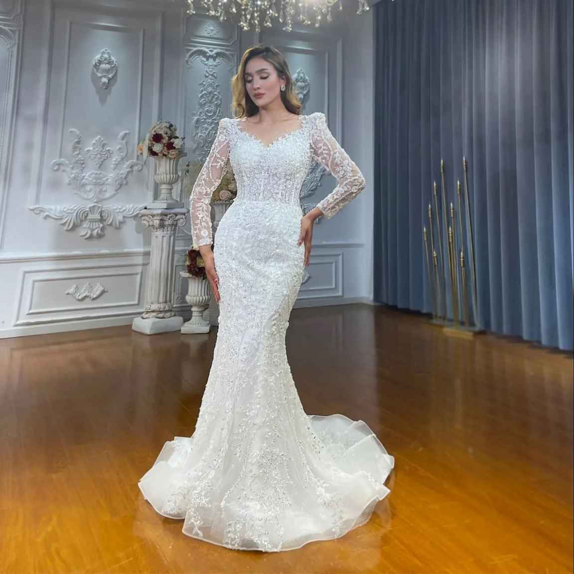 Elegant Mermaid Wedding Dress Sweetheart Neck Long Sleeves Bridal Gowns Sequins Appliques Detachable Train Dresses Custom Made vestidos de novia