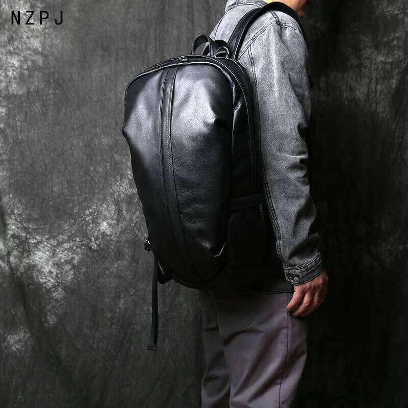 NZPJ Leather Men's Backpack Natural Cowhide Large Capacity Travel Outdoor Schoolbag Business Computer Bag For 15 Inch Laptop MDNG