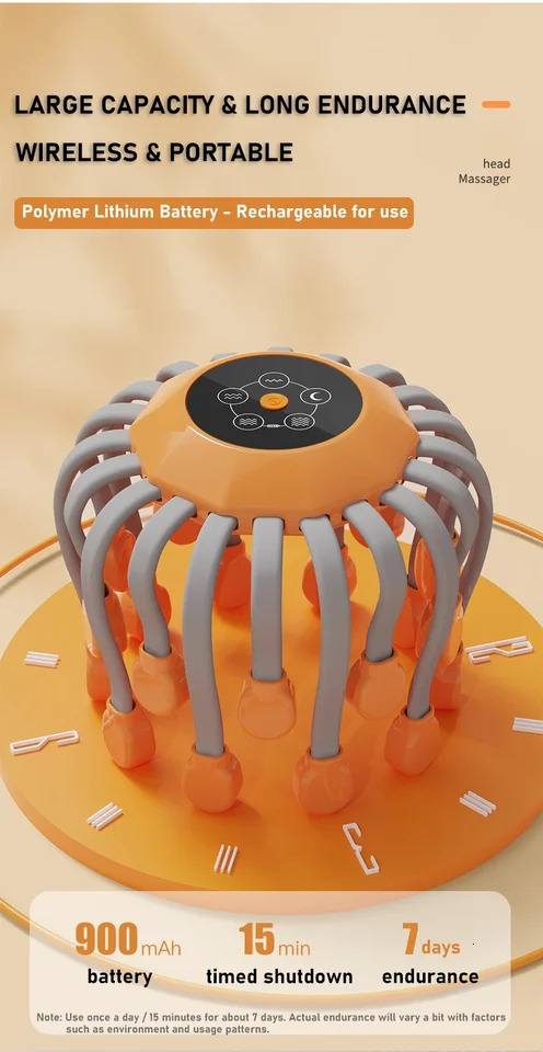 20Massage Heads Orange Scalp Head Massager Red Light Vibrator Octopus Scratcher For Relaxation Stress Migraine 250716