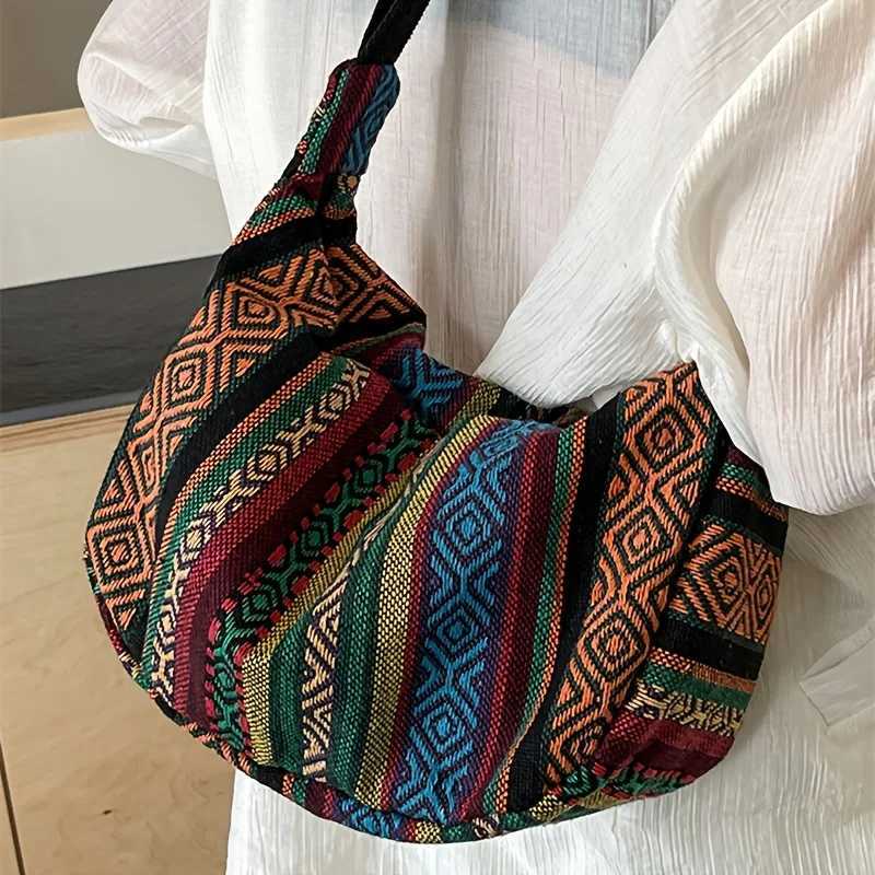 tribal style shoulder bag foldable crossbody with zipper closure striped pattern flag theme hand washable edge painted lining XJ250718