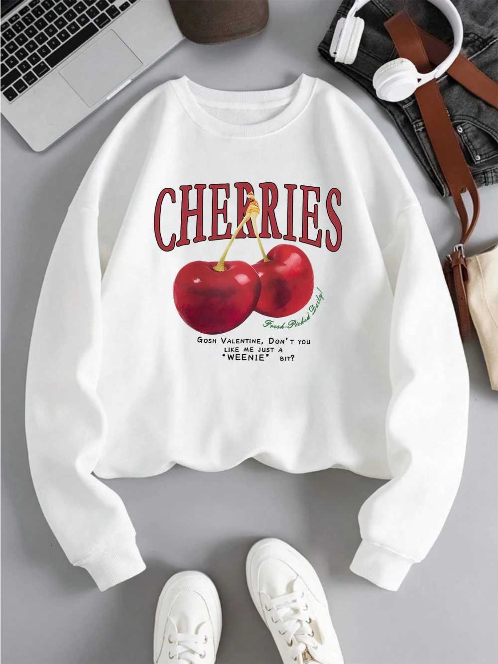 Fashion Womens Sweatshirt Fresh Red Cherries Print Pullover Crewneck Fce Soft Breathable Hoodie Autumn Fe Streetwear XJ250717
