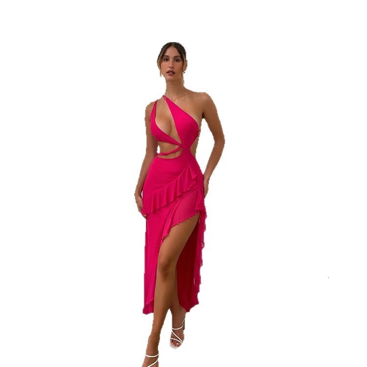 2025 Summer New French Style Strap Dress Womens Fashion Design Ruffled Irregular Slit Long Dress