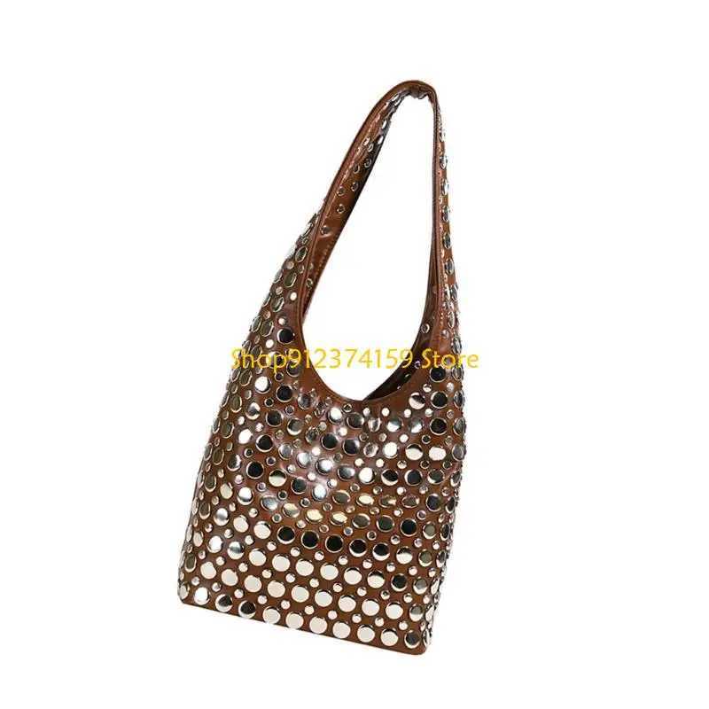 G5AE Elegant Dot Studded Bucket Bag PU LShoulder Bags Armpit Purse For TrendyWomen