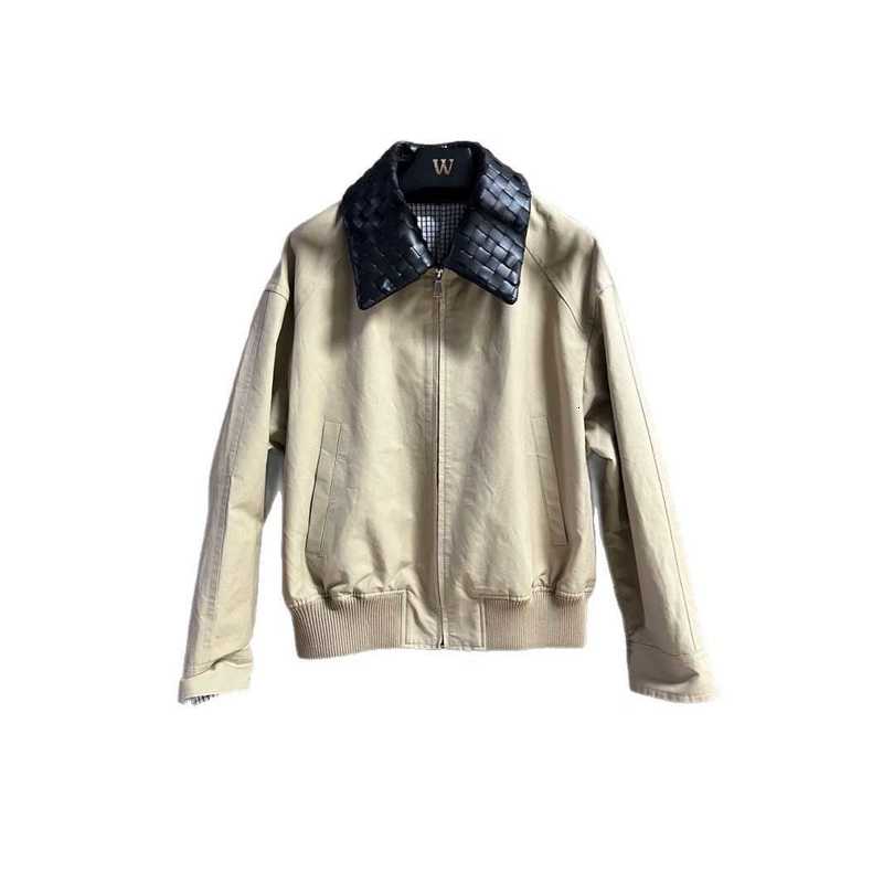 Mens Genuine Leather Jacket Patchwork Design Woven Lapel Long Sleeve Color Block Elegant Commuter Style L251013