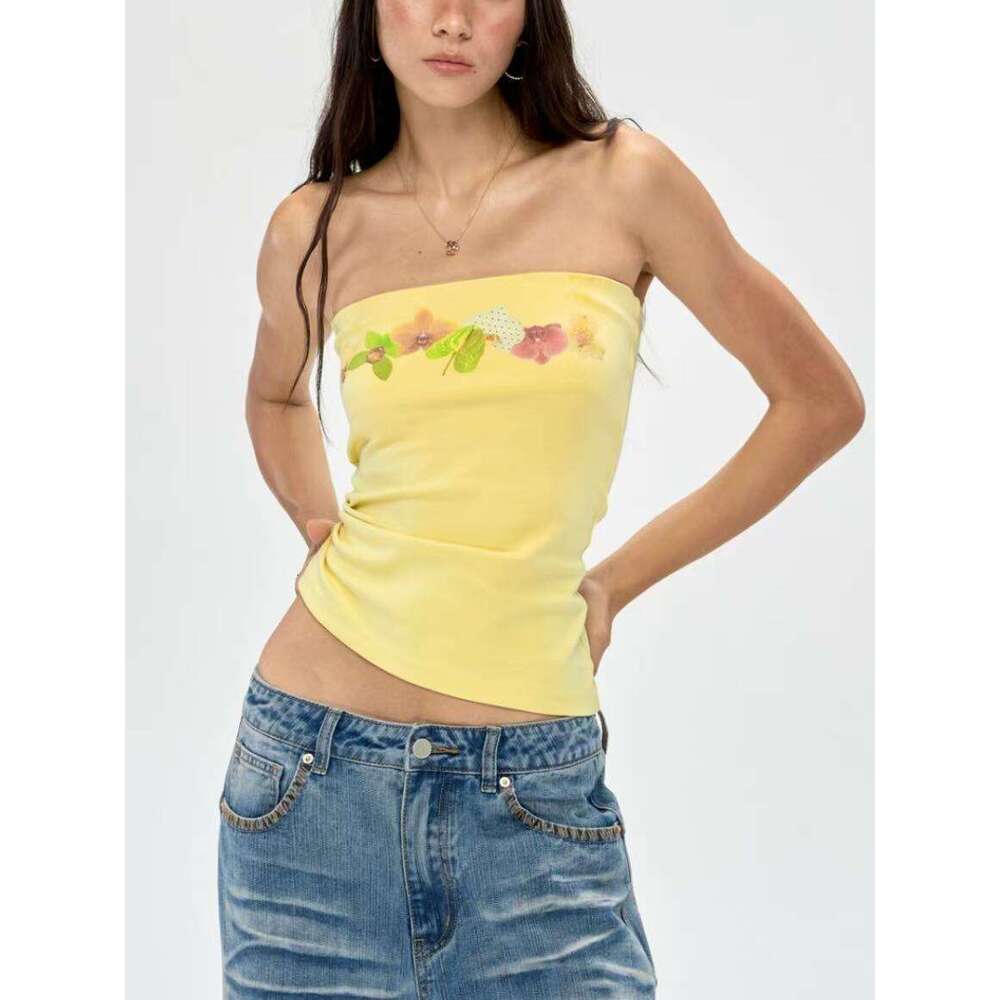 Spicy Girl Pure Desire Floral Print Tube Vest Summer Vacation Style Fresh Top B5