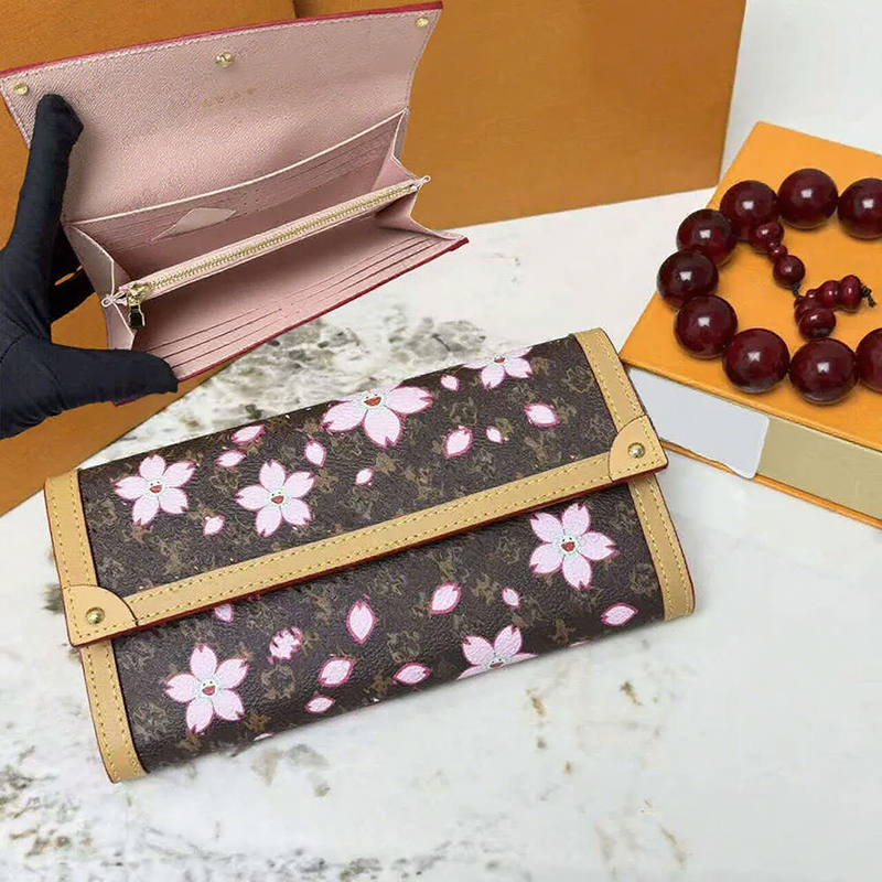 Luxury Womens Card Holder Designer Wallets Purses Takashi MURAKAMI Three-fold Wallet Cherry Blossom Leather Wallet Pink Zipper Card Wallets Purse High Quality