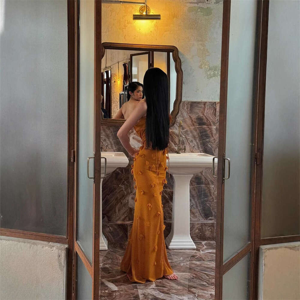 Spring Summer New Women's Vietnamese Niche Fishbone Strap Mesh Waist Slimming Floral Gown Long Dress B5