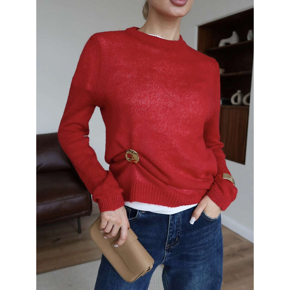 Spring Summer New Thin Sweater Cover-Up Women Round Neck Style Transparent Basic Knitwear Candy Color B5
